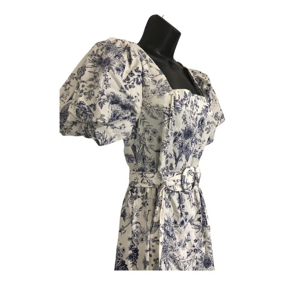 Cream blue floral‎ puff sleeve belted smocked square neck nap dress size medium - Picture 3 of 17
